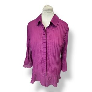 Theme Women’s 3/4 Bell Sleeve Accordion Pleat Button Down Shirt, Orchid, sz XL